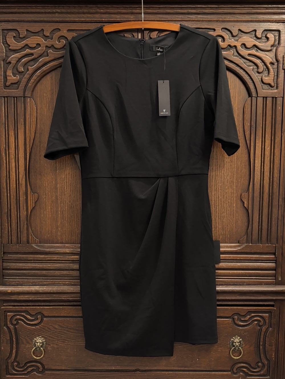 Lulu's Black Midi Sheath Dress with Front Drape
